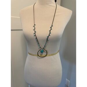 Lena‎ LeMevard Bronze Tone Turquoise Beads Long Circle Pendant Necklace